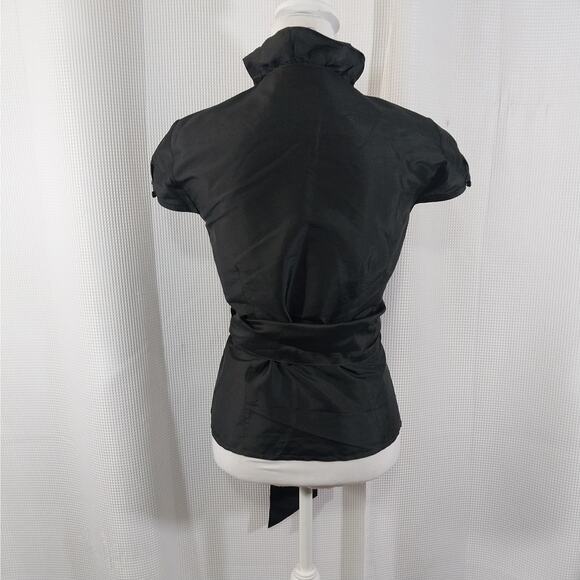 ANN TAYLOR! BLACK 100% SILK! WRAP AROUND TUE FRONT CRISS-CROSS BLOUSE! SZ 10 - Picture 5 of 8